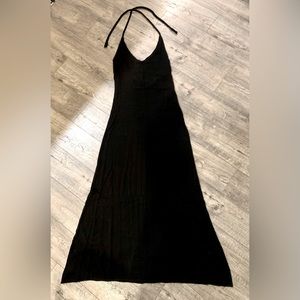 Long, neck tie black dress.